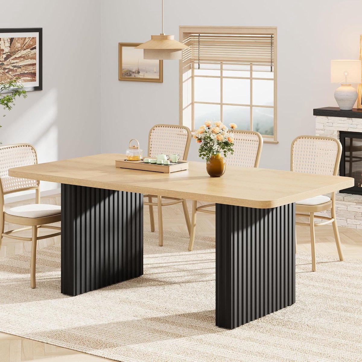 Triumpunpre Moderne eettafel – 6–8 personen – Rechthoekige keukentafel in boerderijstijl – zwarte metalen poten met groeven – golfpatroon – houten blad – Grote eettafel – 180×80×75 cm – houtkleur