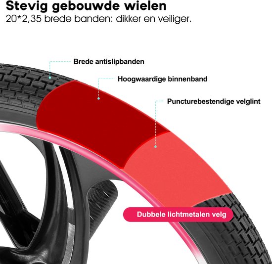 Detail van een fietswiel met '20*2,35 brede banden', 'Dubbele lichtmetalen velg'.