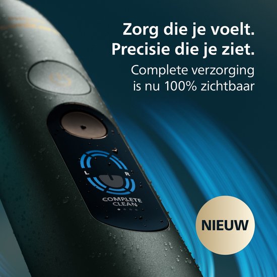 Close-up van het display van een donkergroene Philips Sonicare tandenborstel, met een cirkelvormig diagram en de tekst 'Complete Clean'.