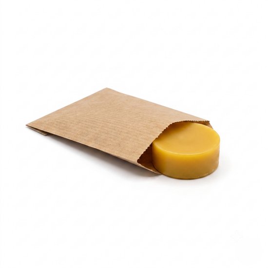 Een geel bijenwasblok half in een bruin papieren zakje op een witte achtergrond.