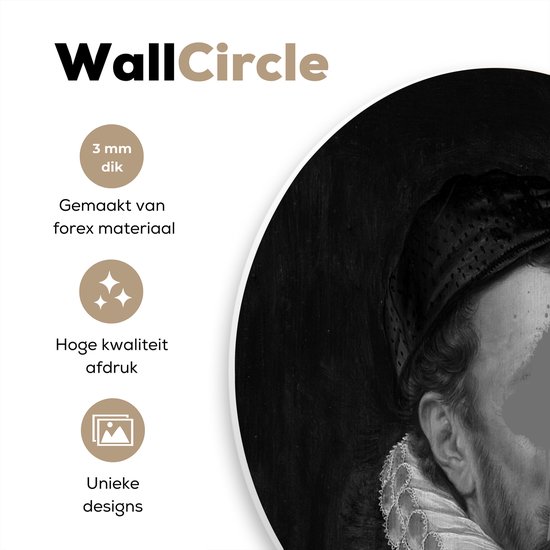 WallCircle® Wandcirkel 60x60 cm - Muurcirkel Portret van Willem I - Adriaen Thomasz - Zwart - Wit - Muurdecoratie woonkamer - Wanddecoratie slaapkamer - Kamer decoratie accessoires - Ronde schilderijen