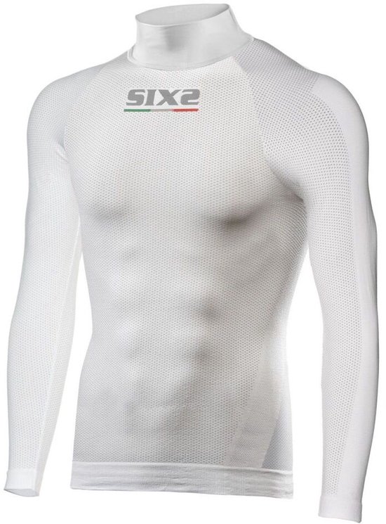 Wit Sixs thermoshirt met lange mouwen en opstaande kraag, voorzien van een mesh-structuur en het Sixs logo op de borst.