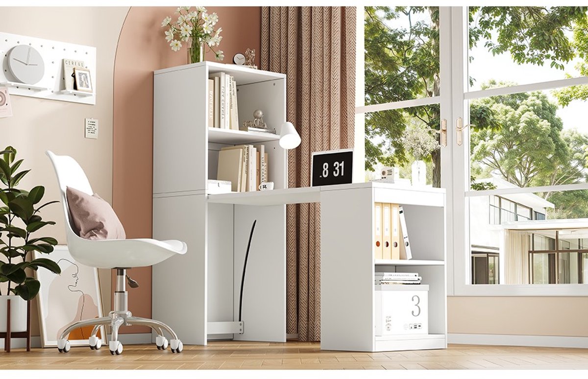 YYchan computerbureau - wit - 130 x 51 x 137 cm + 51 x 137 cm - met opbergruimte - met wielen