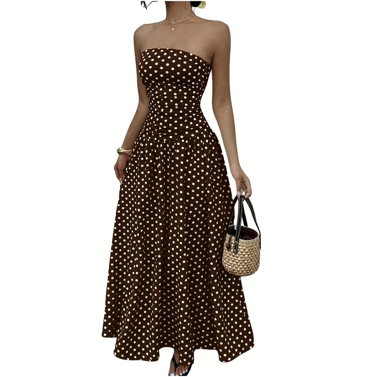 Currero Jurk Met Polkadots Stippen Zomerjurk Dames Zomerjurken Midi Jurk Volwassenen Ibiza Stijl Sundress Dress Koffie /L Koffiekleur
