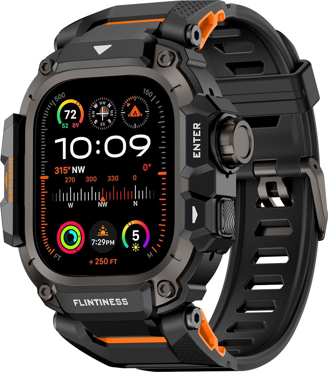 Stravo Metalen Beschermhoes met TPU Sport Bandje – Geïntegreerde Horlogeband – Geschikt voor Apple Watch Ultra 49mm (Ultra 3 / 2 / 1) – Rugged Design – Zwart / Oranje