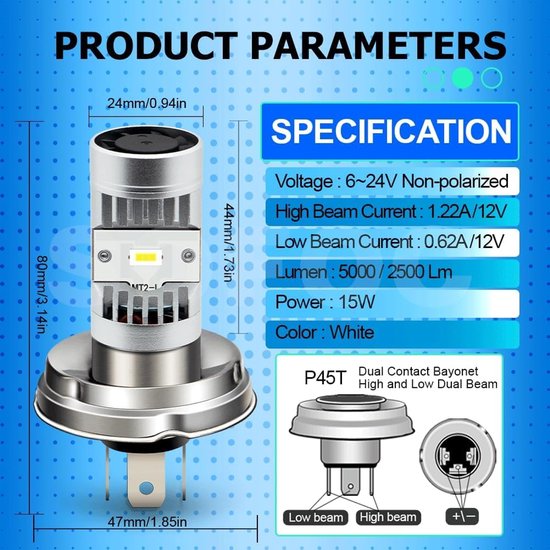 SOFOC -P45T Headlight Design High/Low Beam For Motorcycle/Car 6V-24V Non-Polarity CSP 2LED 15W 5000LM Aluminum Body - ShopVlot — afbeelding 2