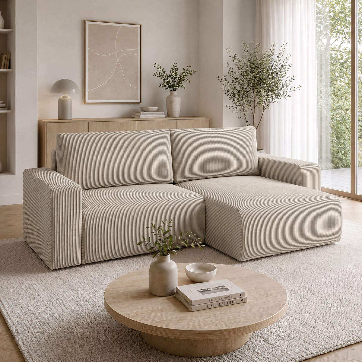 Meubella - Gruno - Hoekbank 3-zits - Ribstof beige - Rechts