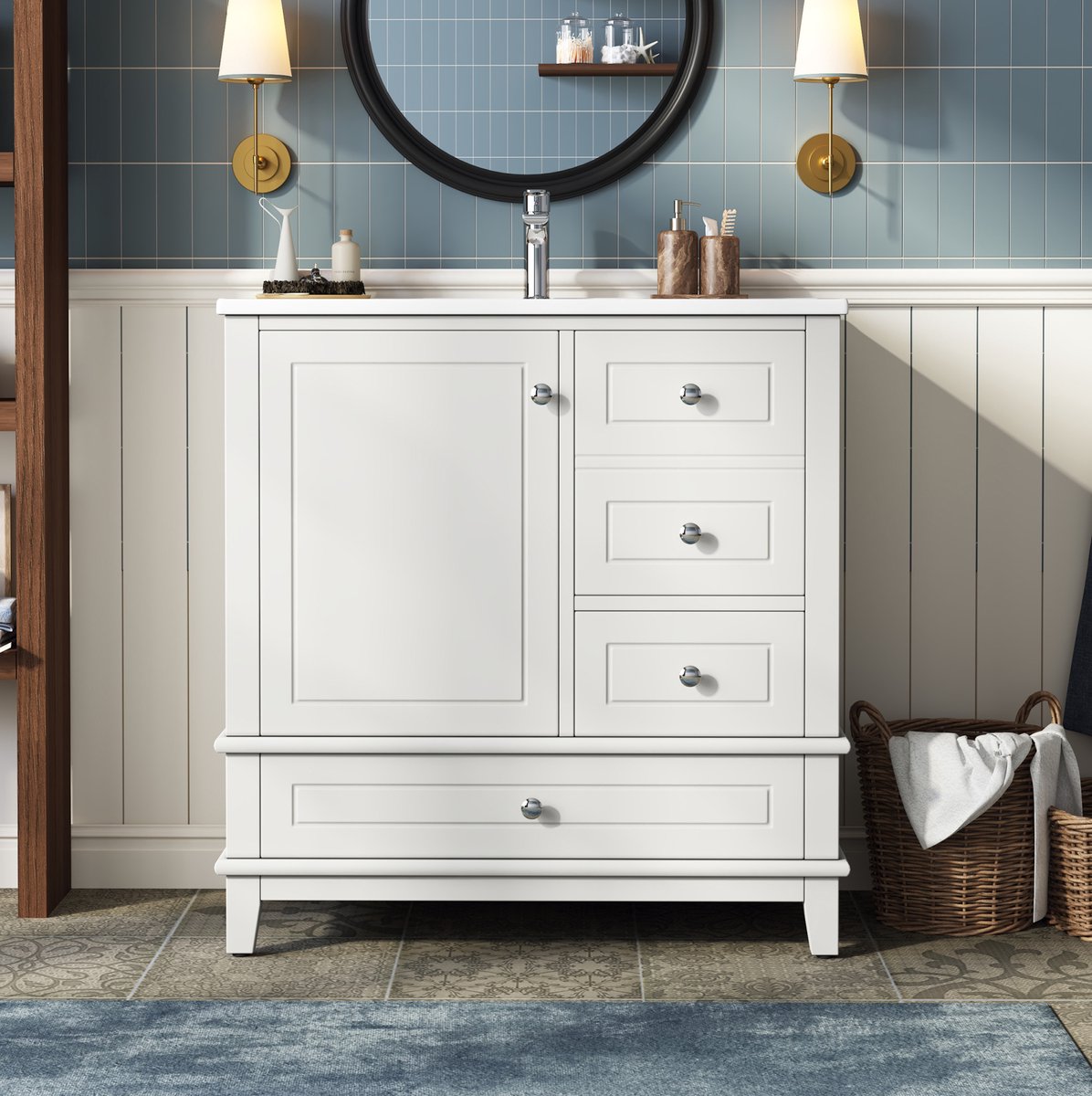 MIVRAY Badkamer Wastafelmeubel - Hoogglans Wit Met 3 Lades En Zacht Sluitende Deur - Voor Badkamer En Wastafel - MDF En Keramiek - 81 Cm