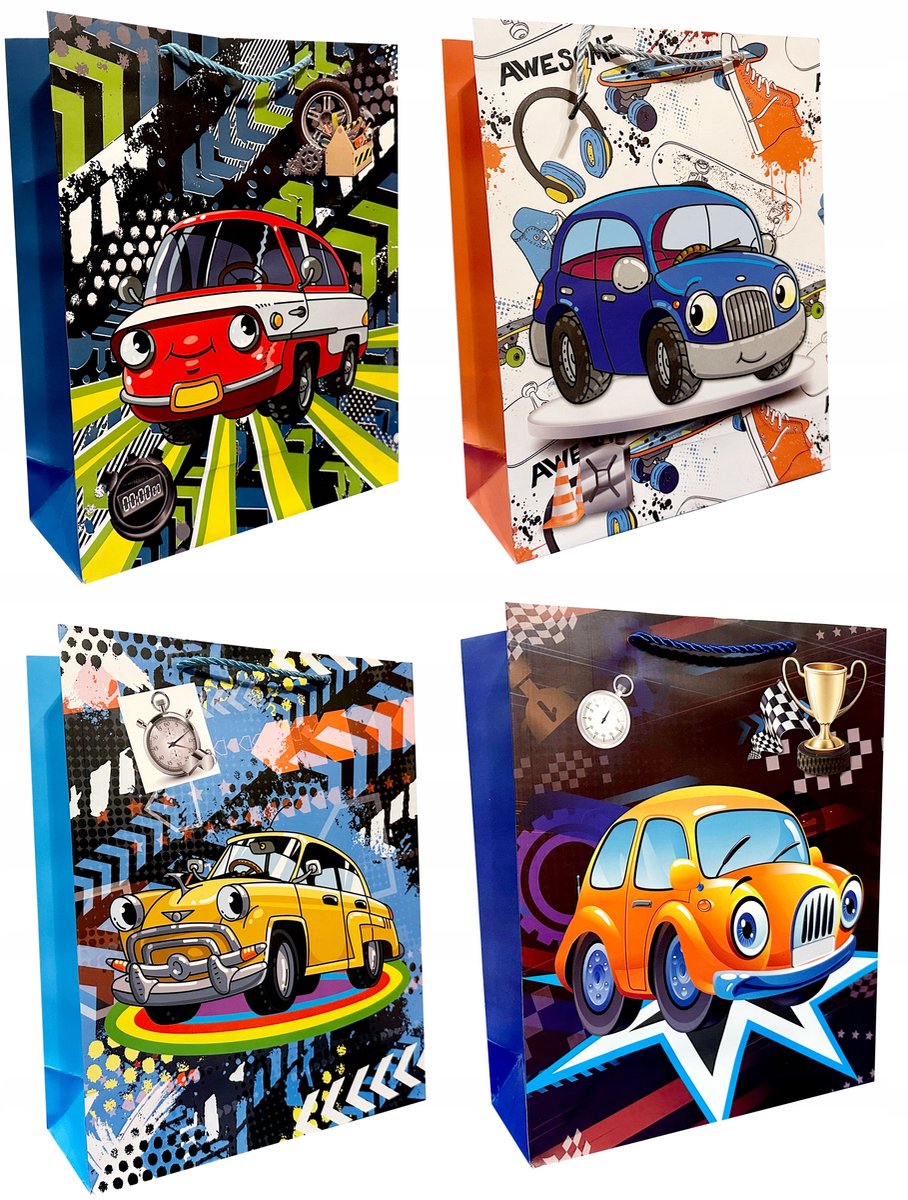 Papieren Cadeautas met Autjes - 18x24x8,5cm - 1 stuk