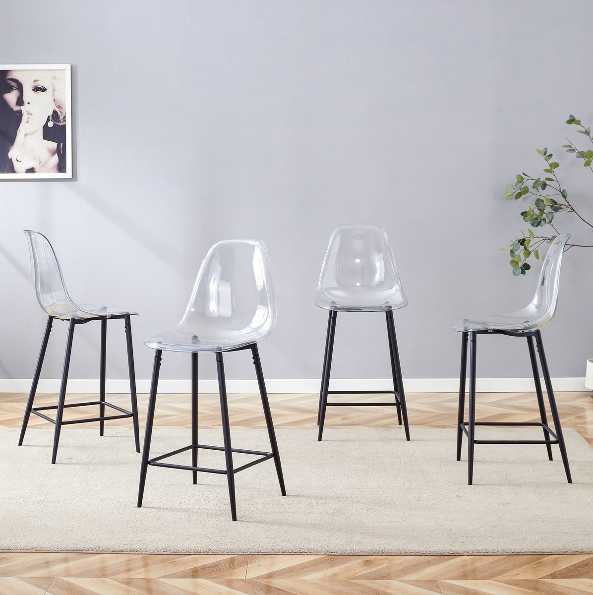 FloraGrace Barkruk Set Van 4 – Transparante Zitting Met Rugleuning – Metalen Onderstel In Zwart – Voor Keuken, Bar En Eetkamer – Kunststof