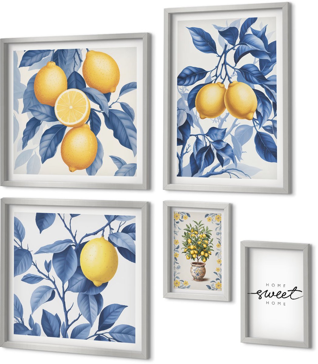 Coloray 5-Delige Schilderij Set - Citroenen Aan Takken Met Blauwe Bladeren - 20 x 30 cm - Decoratieve Schilderijen - Woonkamer - Interieur - Muurdecoratie