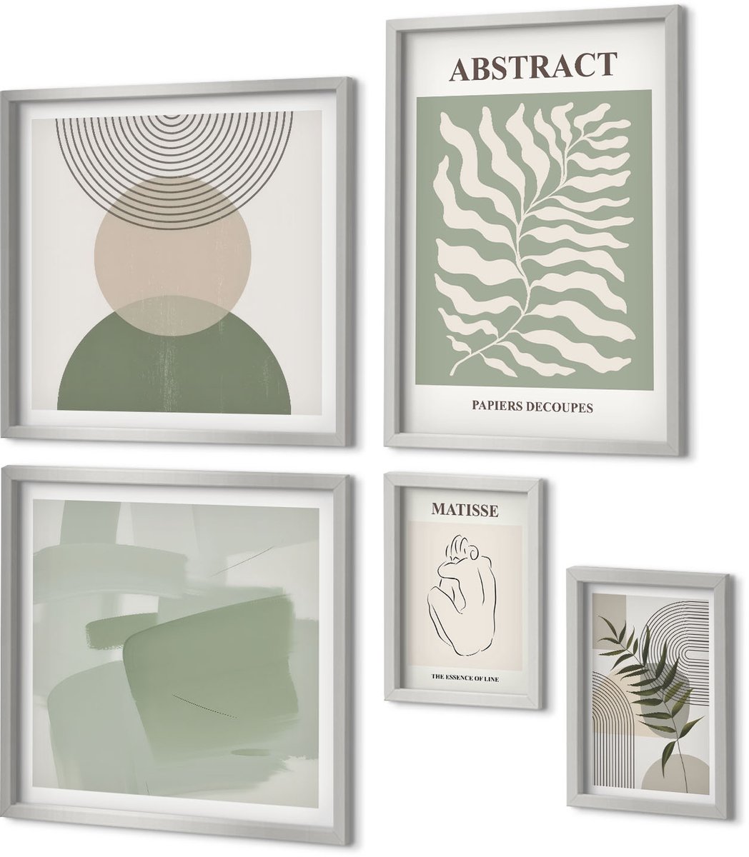 Coloray 5-Delige Schilderij Set - Abstracte Geometrische Vormen En Een Vrouwengezicht - 20 x 30 cm - Decoratieve Muurdecoratie - Slaapkamer - Stijlvolle Muurdecoratie