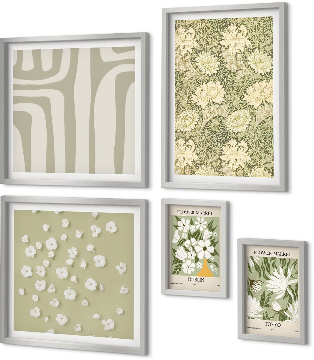 Coloray 5-Delige Schilderij Set - Witte Trap Met Planten, Uitzicht Op Zee En Poort - 20 x 30 cm - Wanddecoratie - Schilderijen Set - Interieur - Interieur Decoratie