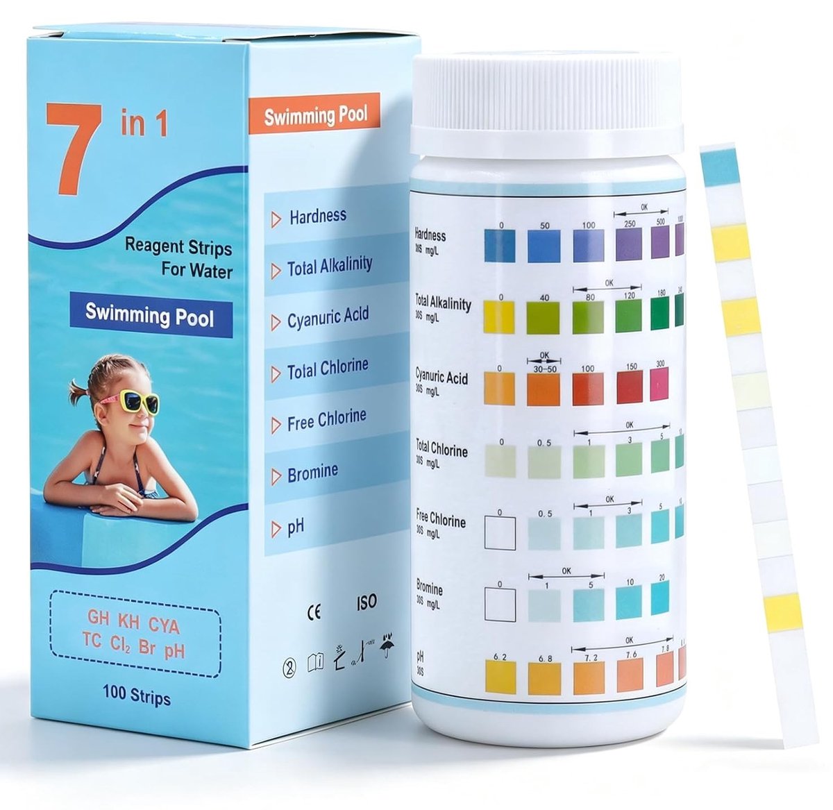 Zwembadteststrips - 100 Stuks - 7-in-1 Watertester - Voor pH, Chloor, Broom en Alkaliniteit - Voor Zwembaden en Spa's