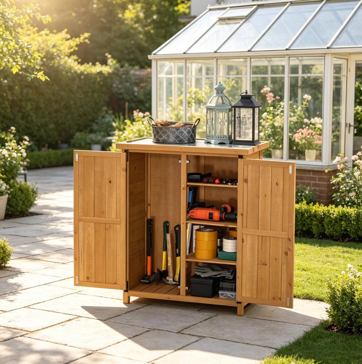 MIVRAY Opbergkast Voor Tuin - Met 2 Deuren En 3 Planken - Weerbestendige Houten Kast Voor Tuin En Terras - Geel - 75x40x90 Cm