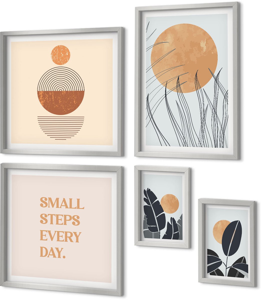 Coloray 5-Delige Schilderij Set - Bos In De Mist, Rivieroever En Kas Met Planten - 20 x 30 cm - Wanddecoratie - Muurdecoratie - Woonkamer