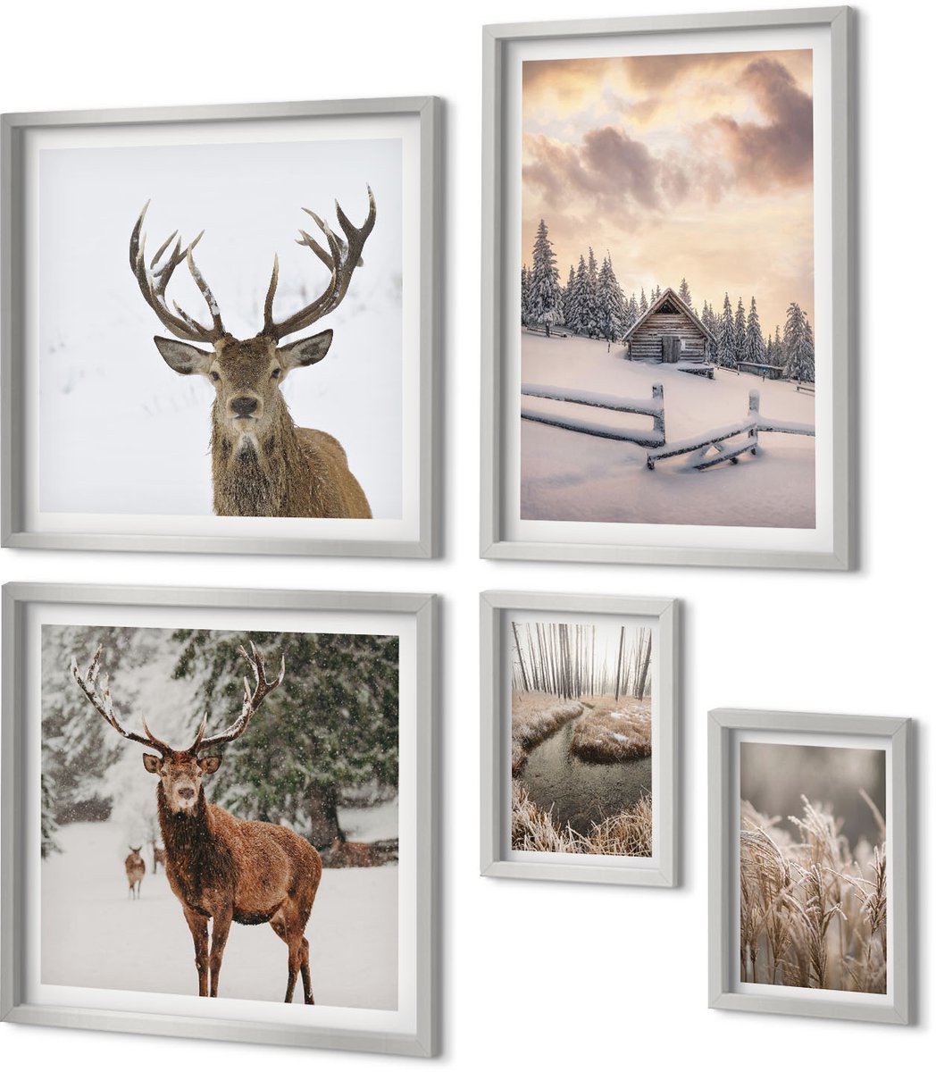 Coloray 5-Delige Schilderij Set - Winterlandschap Met Hertenhut En Beekje - 20 x 30 cm - Muurdecoratie - Decoratieve Schilderijen - Wohnzimmer - Moderne Wanddecoratie
