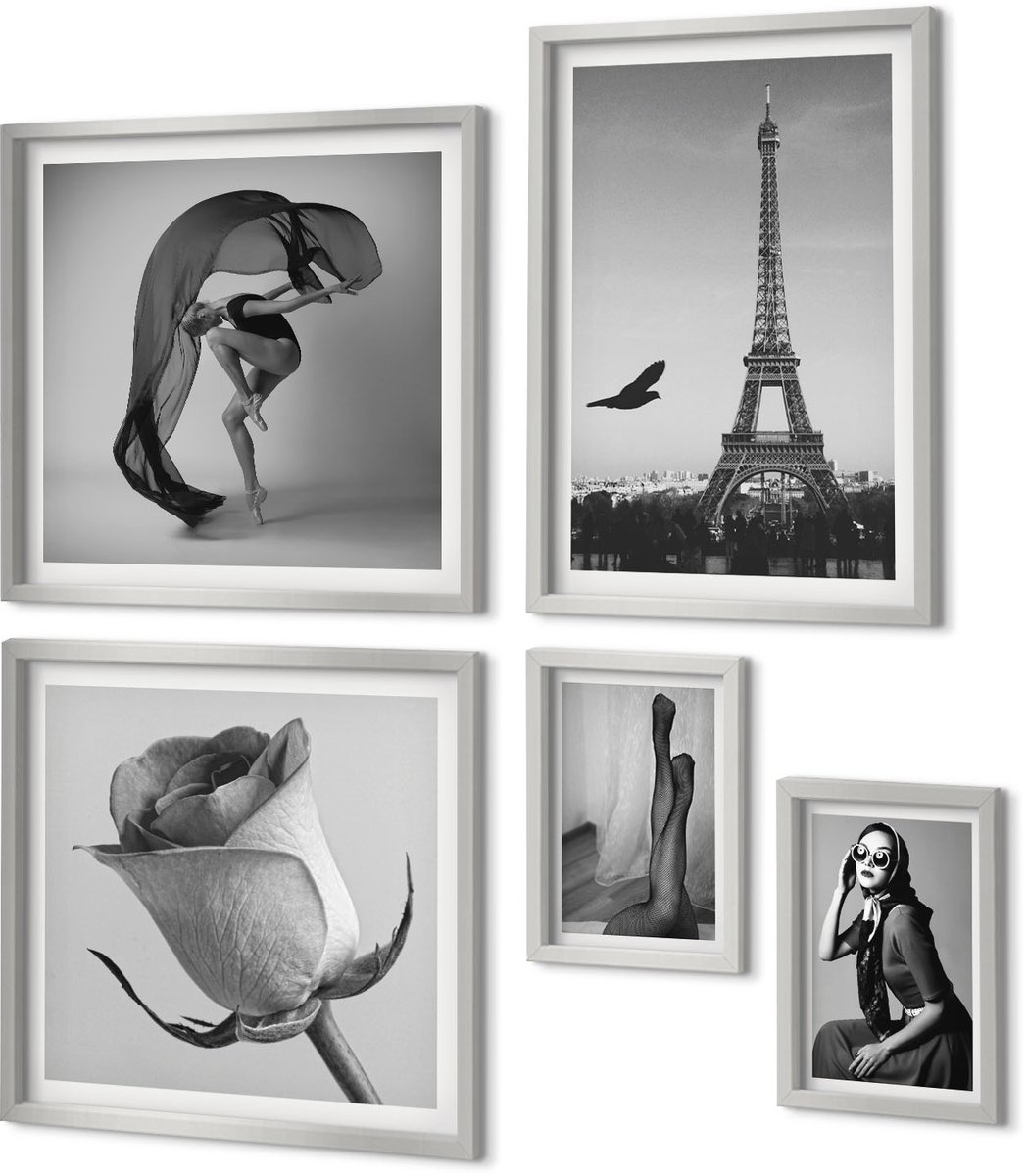 Coloray 5-Delige Schilderij Set - Stijlvolle Zwart-Witportretten Van Vrouwen In Elegante Poses - 20 x 30 cm - Schilderijen Set - Wanddecoratie - Woonkamer - Moderne Wanddecoratie
