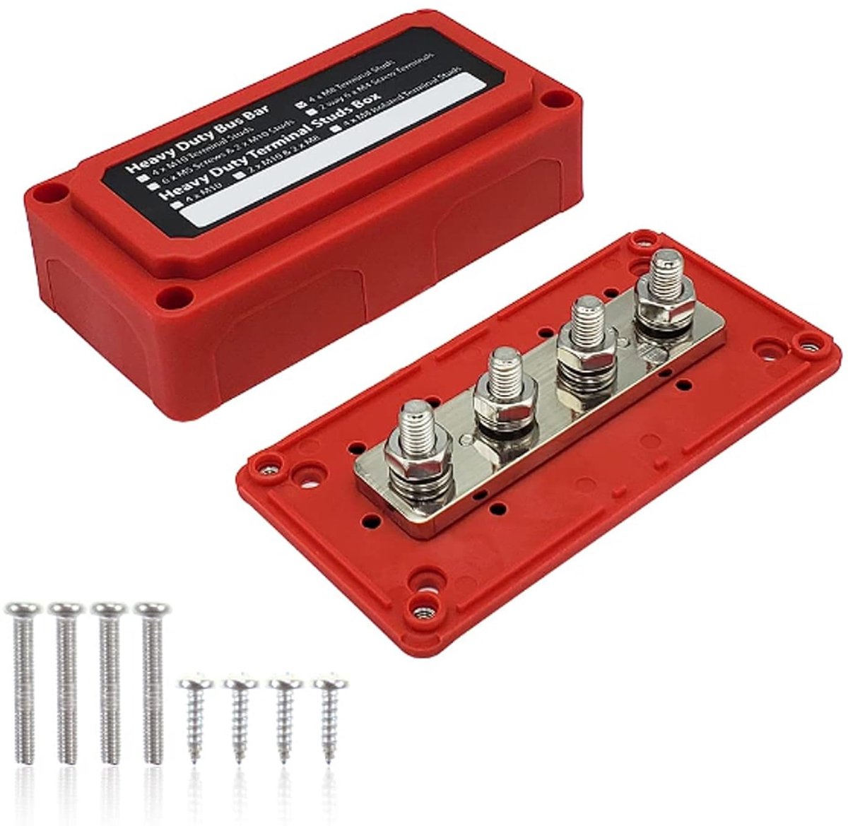 300 A Bus Barox, Heavy Duty Bus Clamps, 4 Clamps M8, Red, with Battery Connections, 12 V - ShopVlot