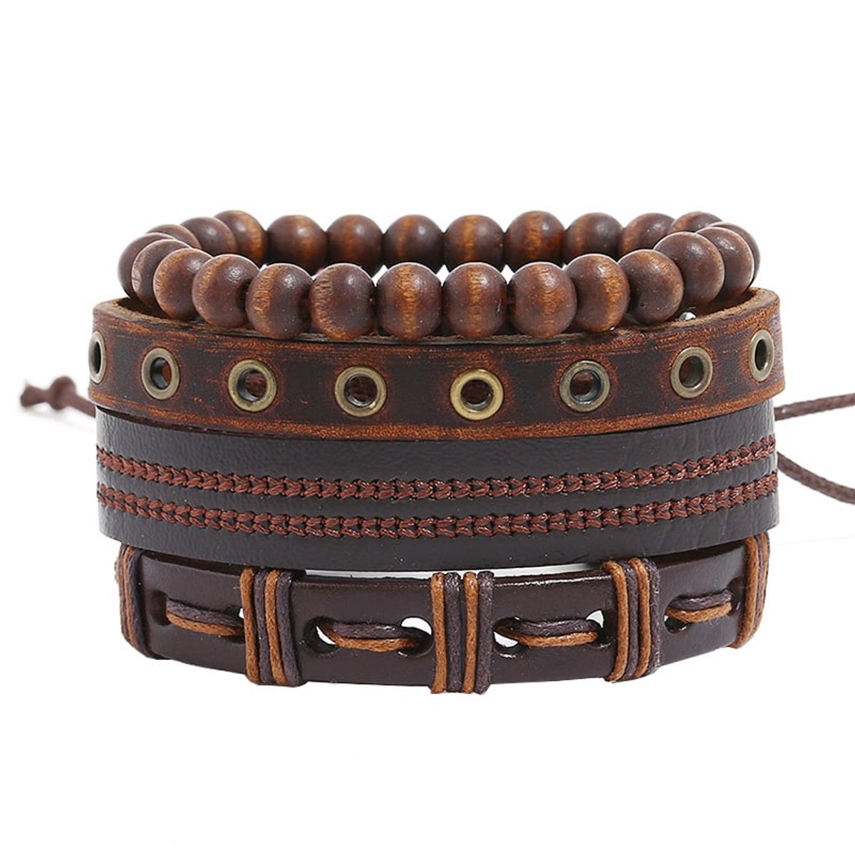 Heren Armbandenset Bruin – Houten Kralen & Leerlook Armbanden – Stoere Vintage Boho Surfer Stijl