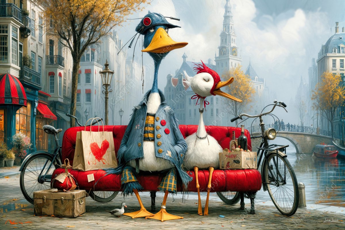 John Joseb Art (Aluminium) 120x80 | Grappige eenden op een rode bank in Amsterdam stad, humor, abstract, gracht, fiets, Nederland, tas, dier, vogel, eend, kunst, rood, blauw, geel, modern | foto-schilderij op dibond, metaal wanddecoratie