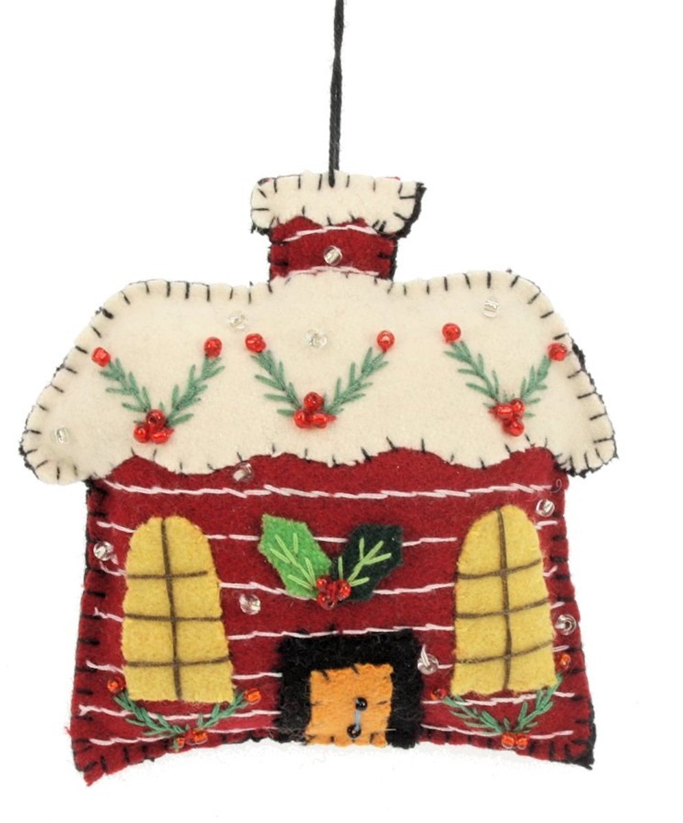Huis rood met sneeuw, vilt 10x2x9,5cm