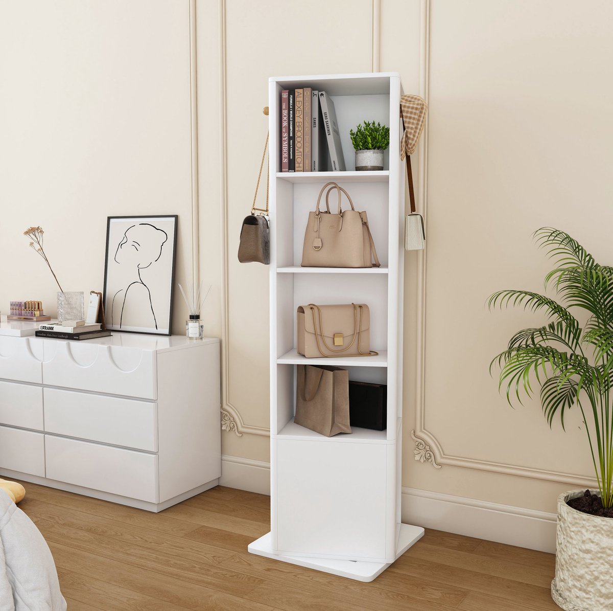 MIVRAY Spiegelkast 360 Graden Draaibaar 4 In 1 Met Volledige Spiegel Opbergruimte Boekenrek En Haakjes Wit 50 X 50 X 170 Cm