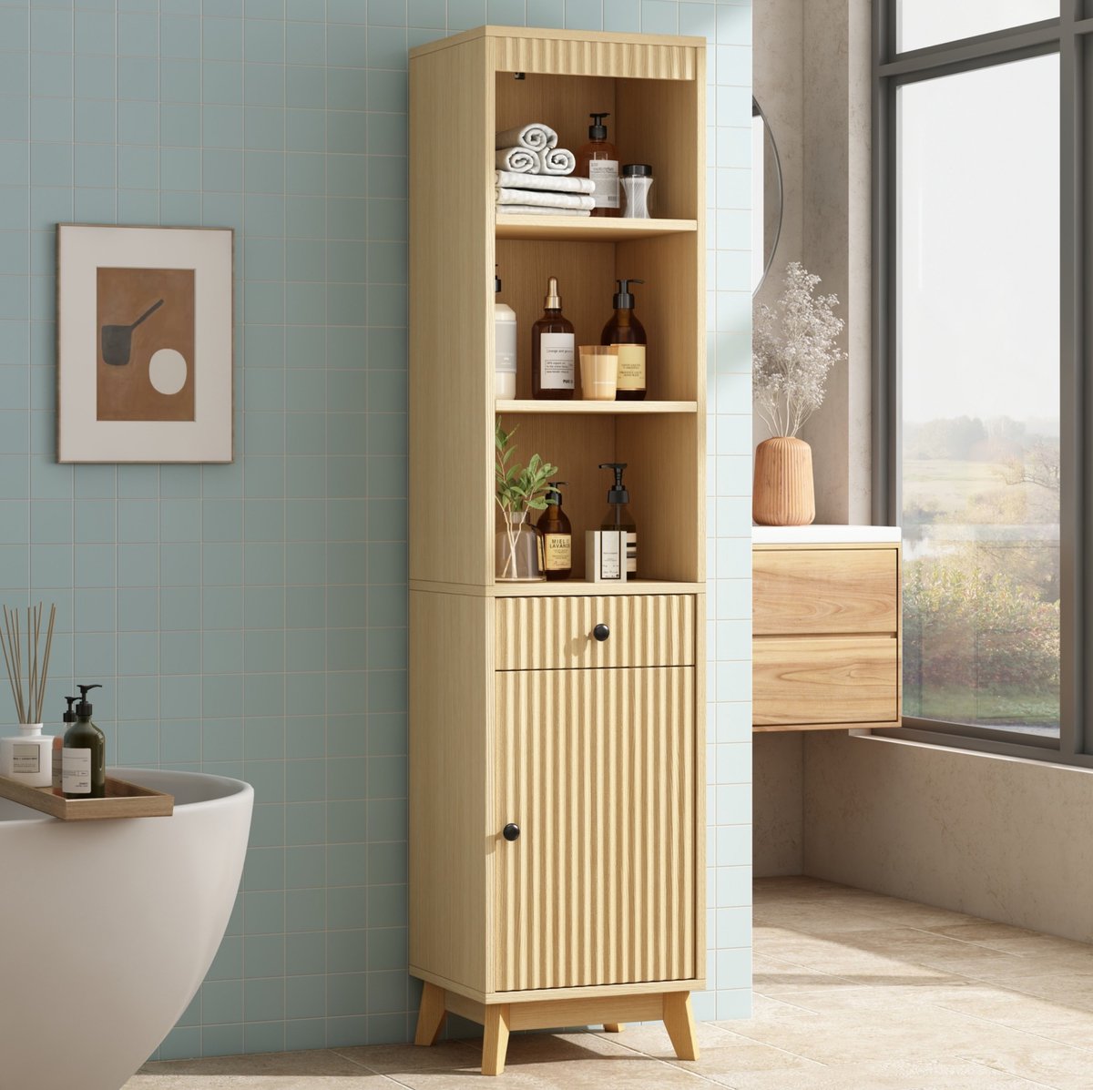 MIVRAY Badkamer Hoge Kast - Geribbelde Front Met Omkeerbare Deur En Lade - Voor Badkamer En Opbergcomfort - MDF - 40x36x172 Cm - Naturel