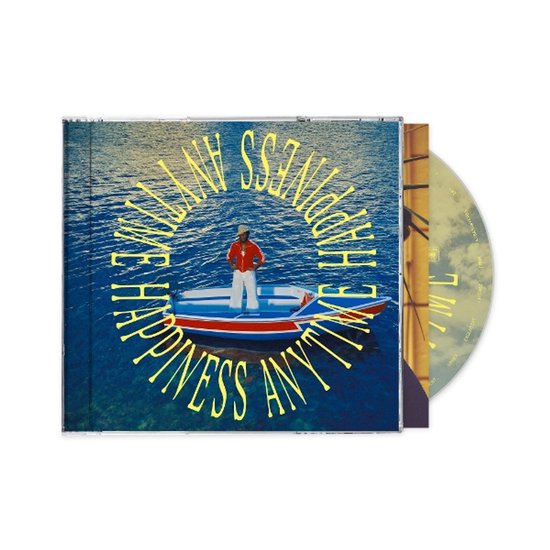 CD-hoes met een man in een boot op het water. Tekst 'ANYTIME HAPPINESS ANYTIME'.