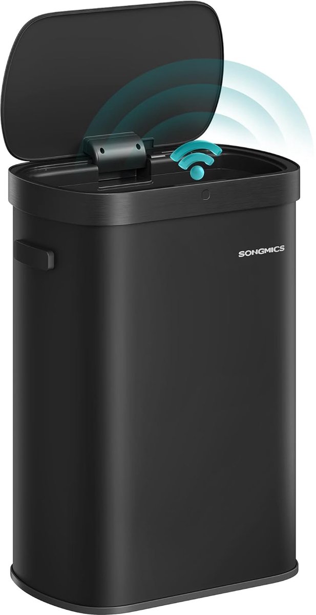 SONGMICS Motion Sensor Keukenbak, 13-Gallon (50 L) Automatische vuilnisbak, golf of aanraking te openen, zacht dicht deksel, staal, inclusief 15 zakken, inkt zwart