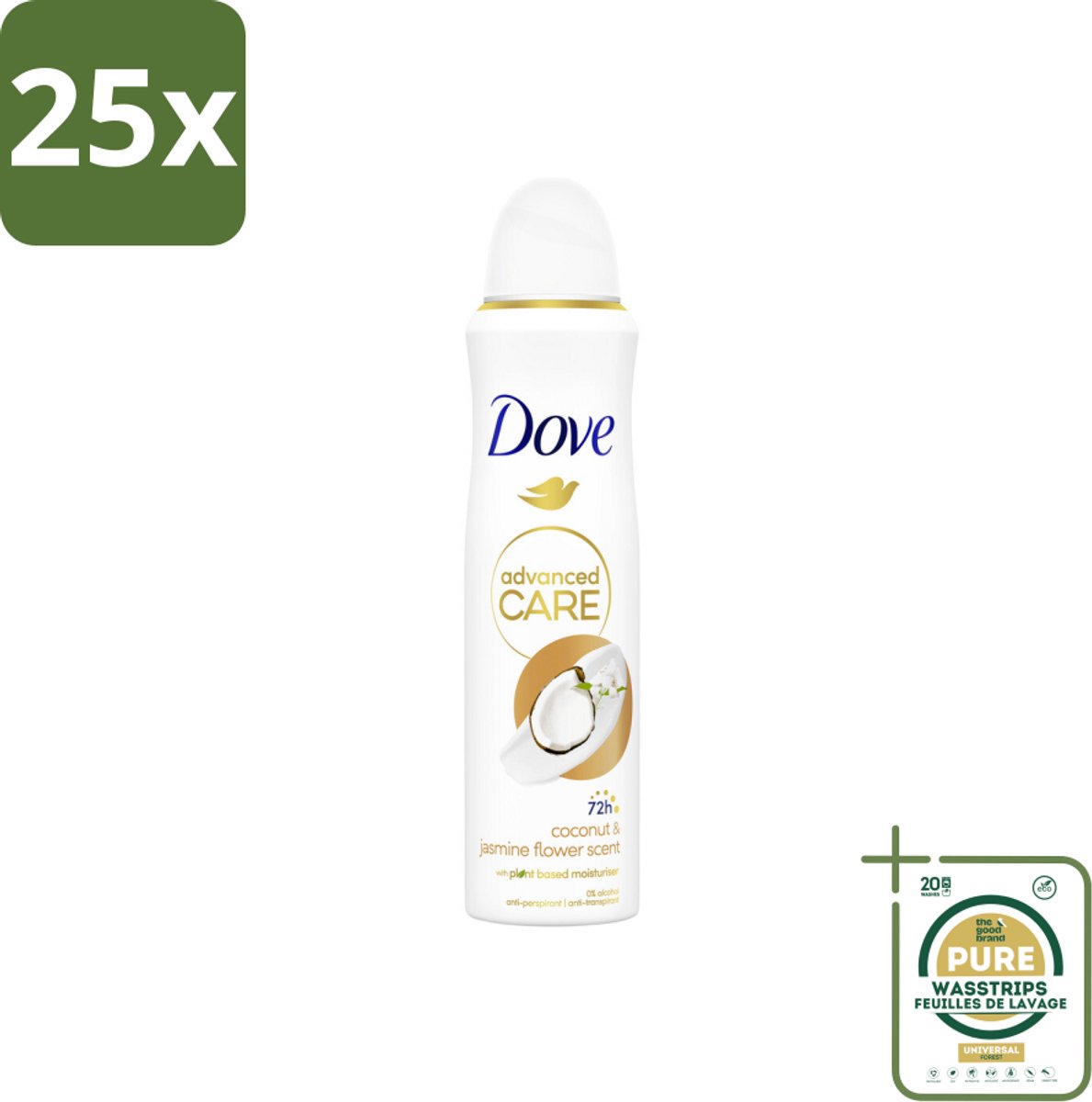 25 x Dove Deodorant Spray - Advanced Care - Kokos & Jasmijnbloem - 150 ml - Grootverpakking - Dove Deodorant Spray - Kokos En Jasmijn - Anti-transpirant Spray - Okselhuid Verzorging - Zweetbehandeling