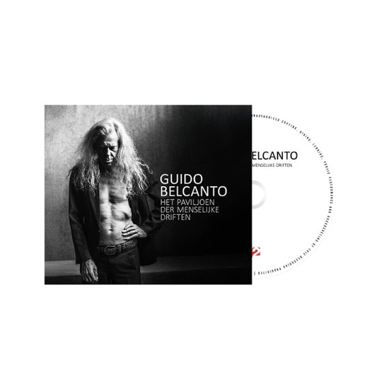 CD-hoes met Guido Belcanto, getoond met ontbloot bovenlichaam en een jasje over zijn schouders. De titel "Het Paviljoen Der Menselijke Driften" staat prominent vermeld.