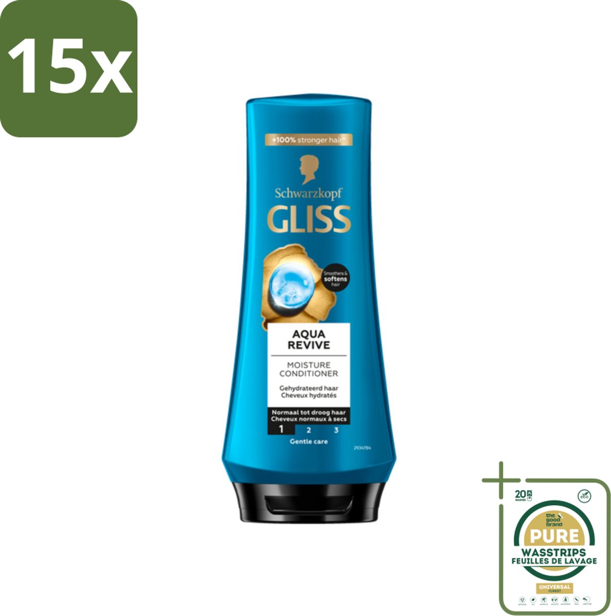 15 x Gliss - Hair Repair - Conditioner Aqua Revive voor Hydraterend en Fris Haar - 200 ml - Grootverpakking - Haarhydratatie - Droog Haar - Aquaporine Complex - Crèmespoeling - Haarverfrissing
