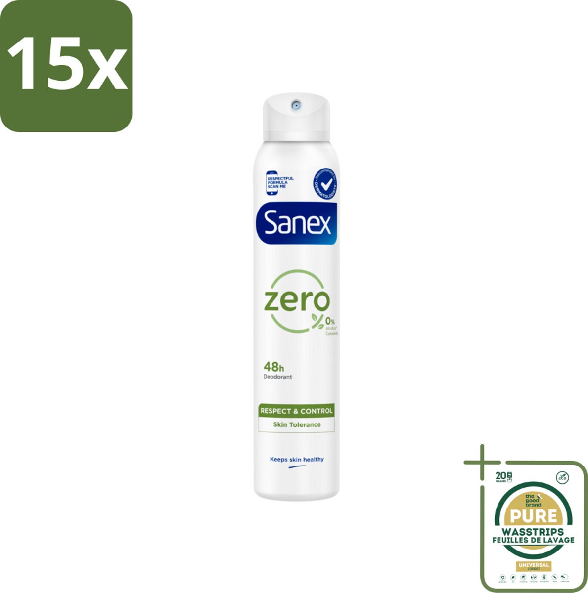 15 x Sanex - Deodorant Spray - Zero% Normal Skin - Zonder Toevoegingen - 200 ml - Grootverpakking - Sanex Zero% Deodorant Spray - Deodorant Spray Normale Huid - Frisheid Zonder Toevoegingen - Aluin Deodorant - Dermatologisch Getest