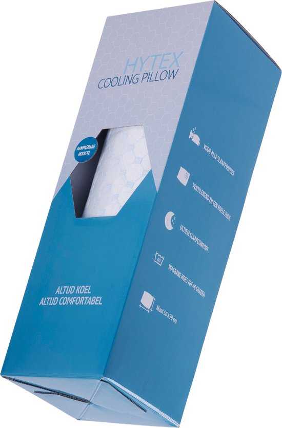 Hytex Cooling Pillow verpakking. Met de tekst 'Aanpasbare Hoogte', 'Altijd koel, altijd comfortabel'.