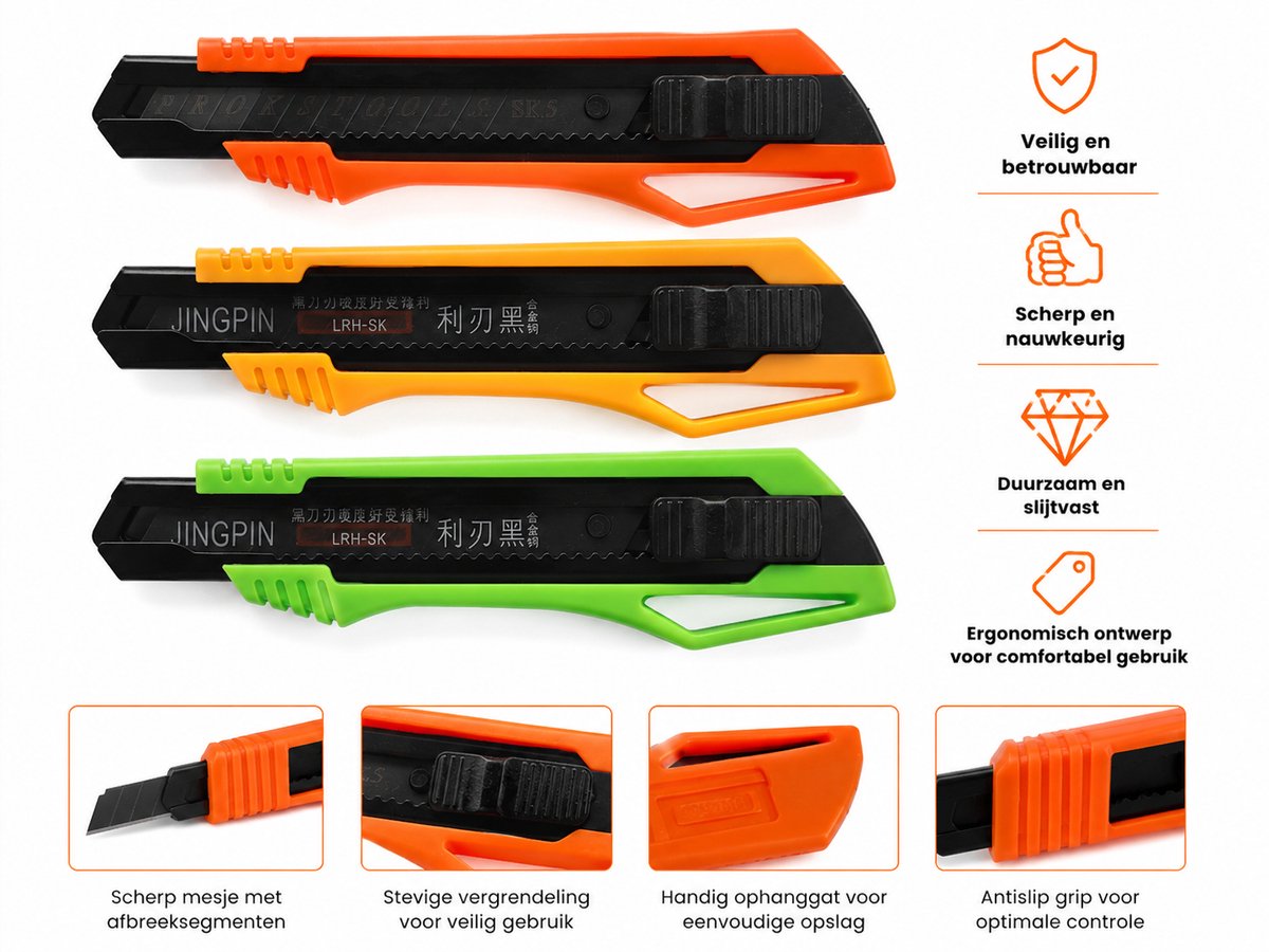Afbreekmessen Set – 3 Stuks – Oranje, Geel & Groen – Inclusief 18 Reserve Mesjes – Veiligheidsslot – Ergonomische Grip