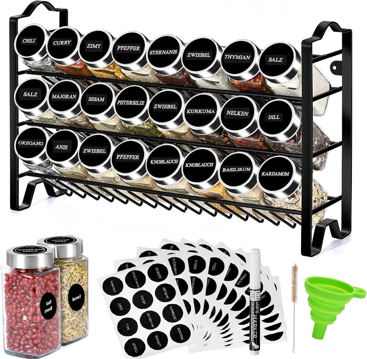 Famanu – Keukenkruiden set met 24 kruidenpotjes, metalen frame met 3 niveaus, etiketten en doseerders