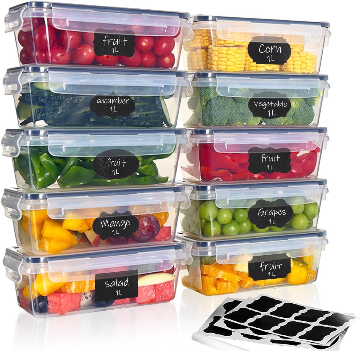 Famanu – Vershoudbakjes met deksel, 10 stuks van 1 L, luchtdichte meal prep containers, BPA-vrij, stapelbaar en herbruikbaar voor voedselopslag