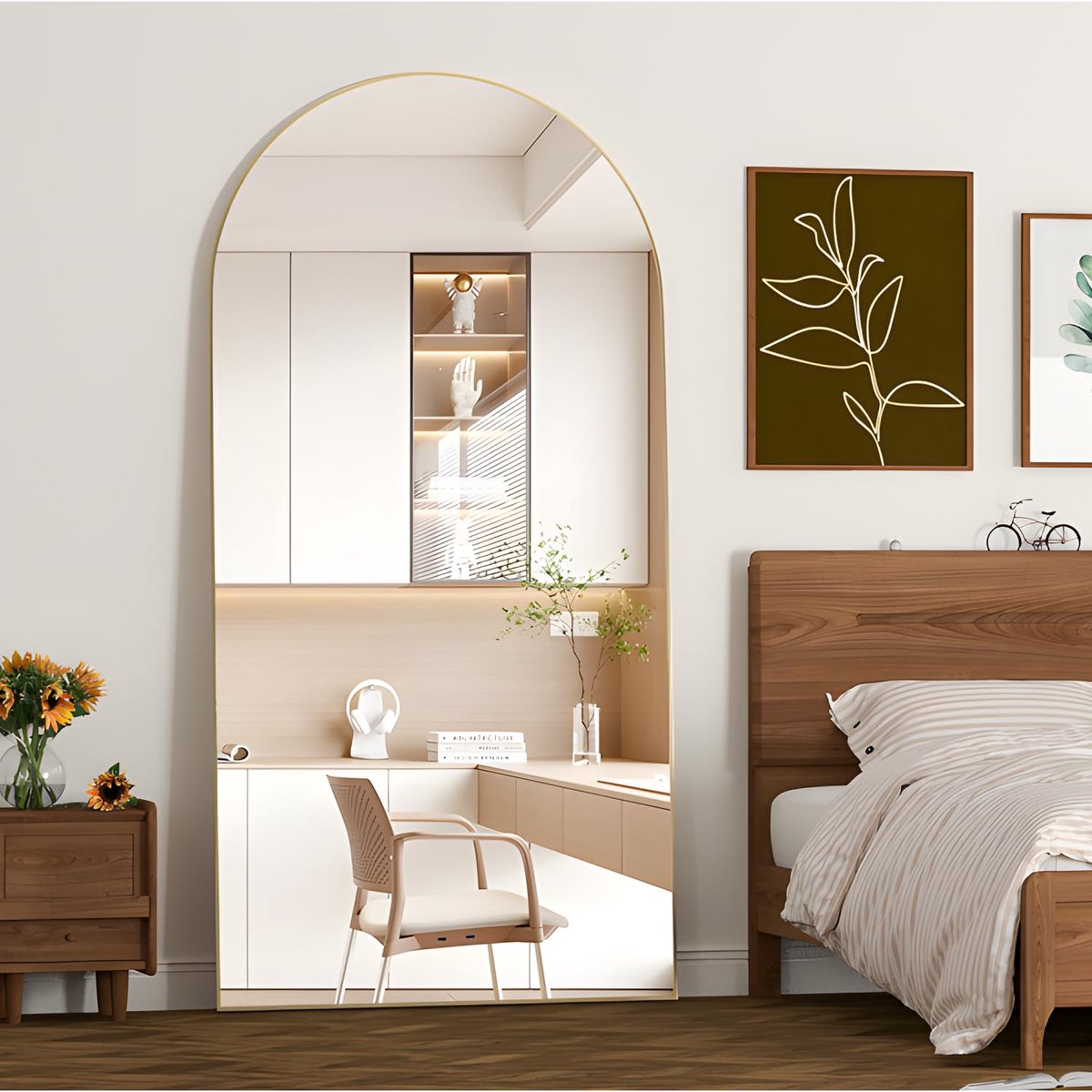 Famanu – Volledige lengte boogspiegel van 180 x 80 cm, gouden staand gebogen vloer spiegel met standaard, voor slaapkamer en woonkamer