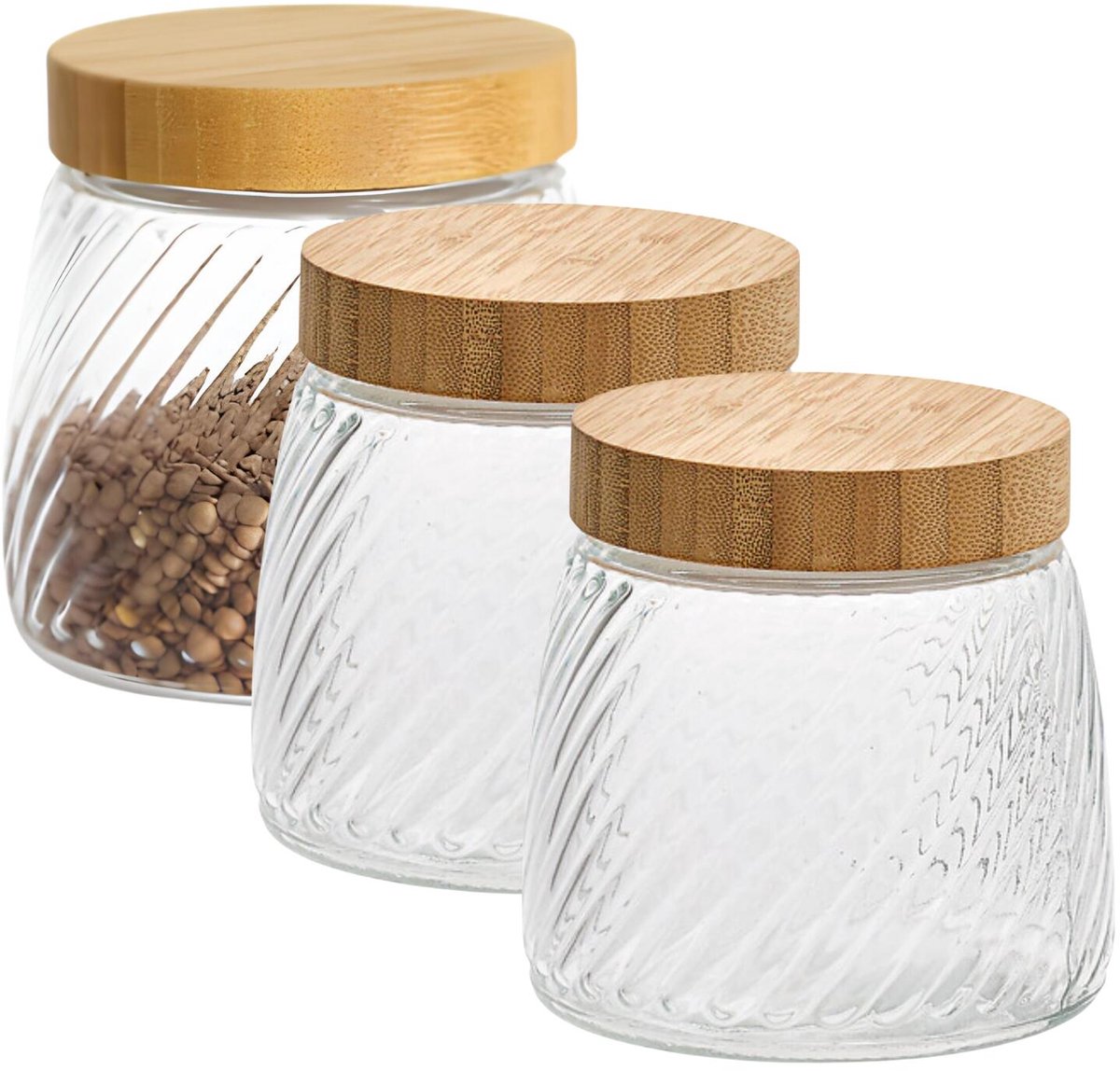 Voorraadpot Food Essentials Ventura - 3x - keuken - ribbel glas / bamboe - 0.9 liter - luchtdichte draaideksel - bewaarpotten - opslagpotten