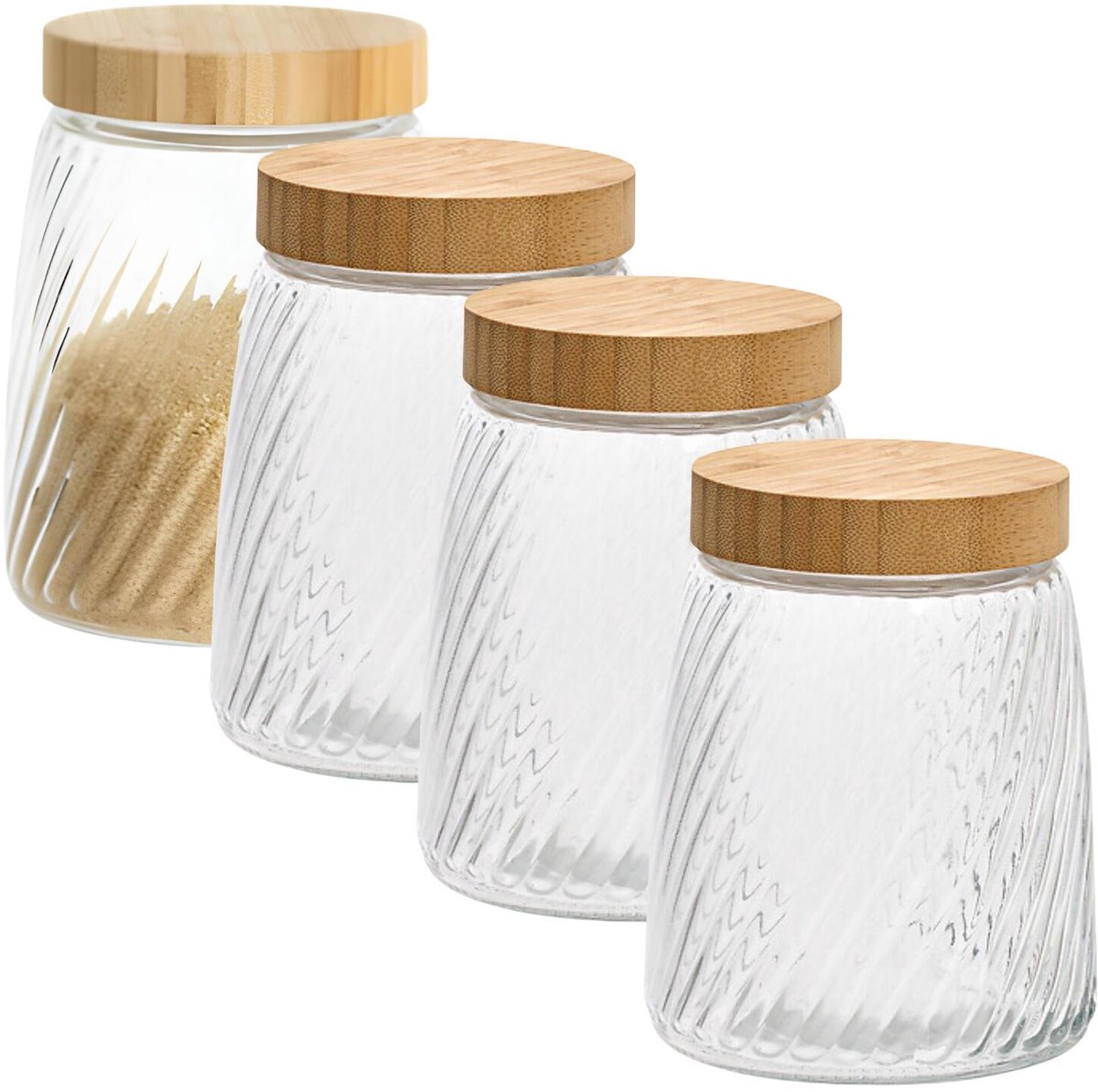 Voorraadpot Food Essentials Ventura - 4x - keuken - ribbel glas / bamboe - 1.3 liter - luchtdichte draaideksel - bewaarpotten - opslagpotten