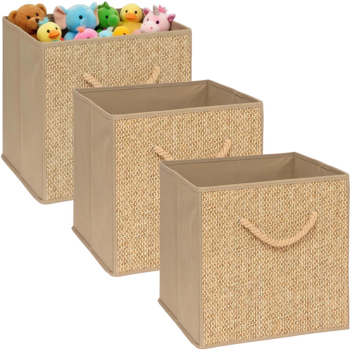 5Five opbergmand kastmand - 3x - jute/karton - beige - 31 x 31 x 31 cm - hengsel touw - Vakkenkast manden
