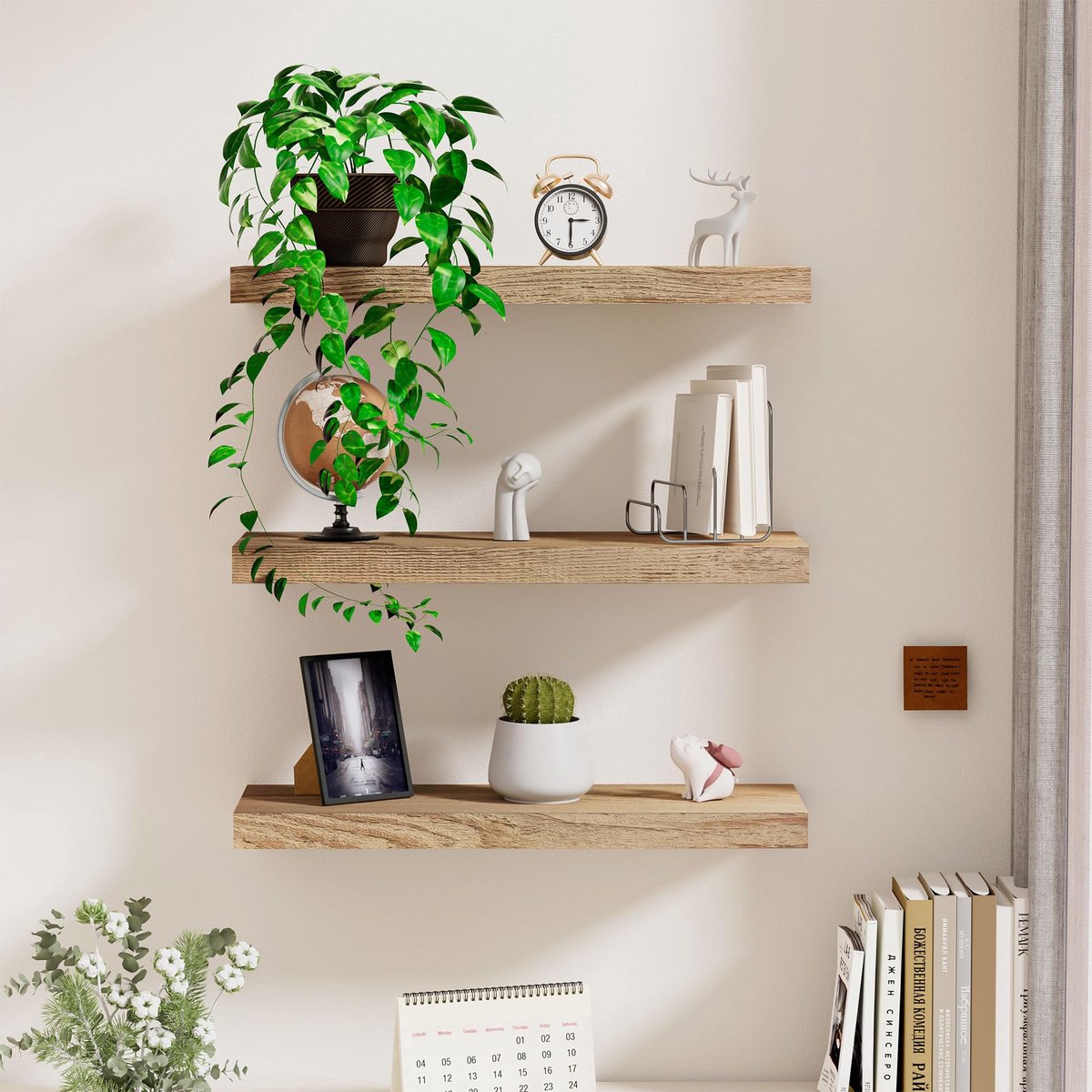 Famanu Set van 3 houten zwevende planken, rustieke wandplanken, 40 cm, met onzichtbare beugels voor slaapkamer, keuken en woonkamer Naturel