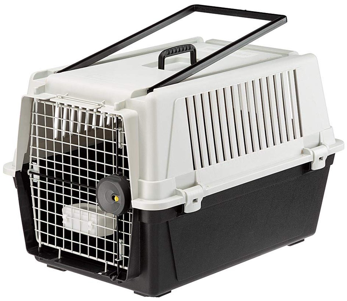 Famanu – Voetenzak voor middelgrote honden, inclusief voerbak, met kunststof beklede stalen deur, veiligheidsluiting, ventilatieroosters, 49 x 68 x h 45,5 cm, grijs