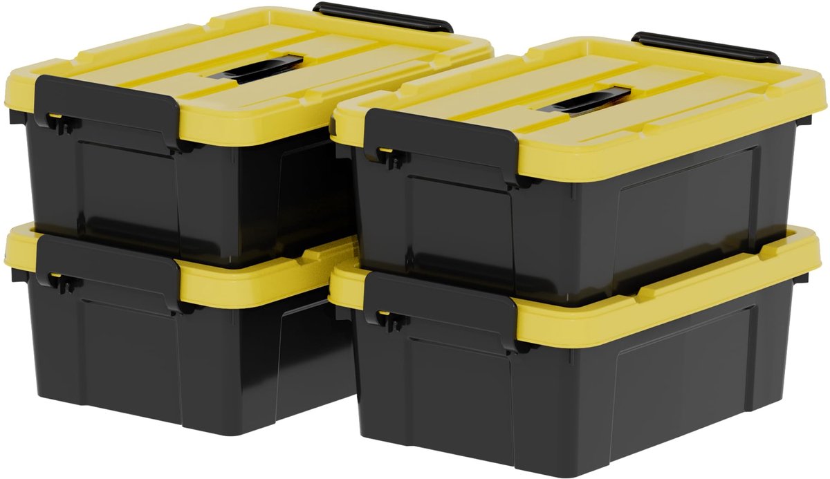 Famanu – Opbergdozen set van 4 stuks, 15 liter, plastic opbergdozen met deksels en handvatten, stapelbaar en nestbaar, voor gereedschap, buiten, tuin en huis, zwart en geel