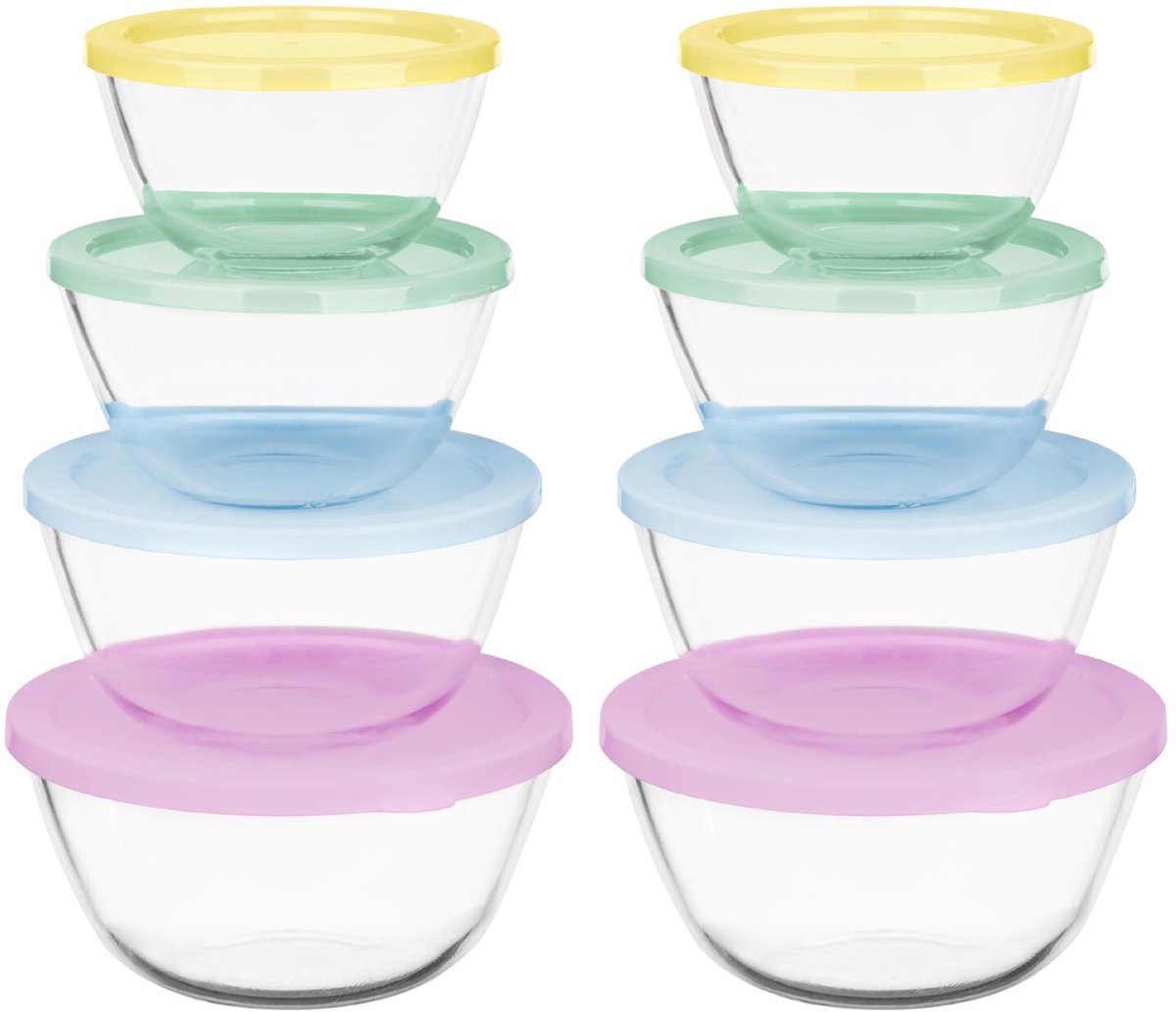 Vivalto Vershoudbakjes met deksel - glas - set 8x stuks - 800/1000/1600/2100 ml - luchtdicht - met clips