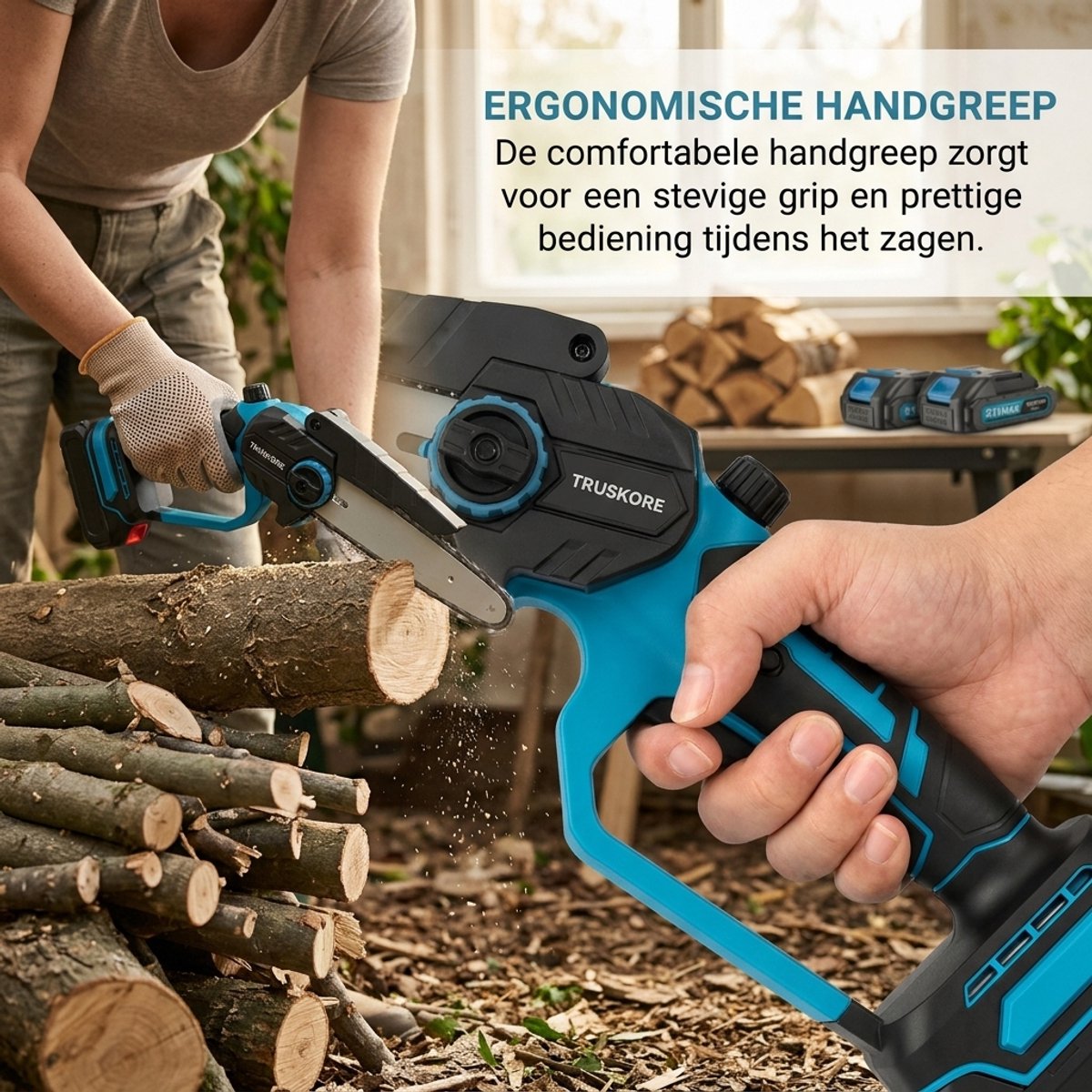 Truskore Mini kettingzaag 20cm - Accu Kettingzaag - Inclusief Opbergkoffer, 2 Accu's (4.0Ah) & 2 Kettingen thumbnail 5