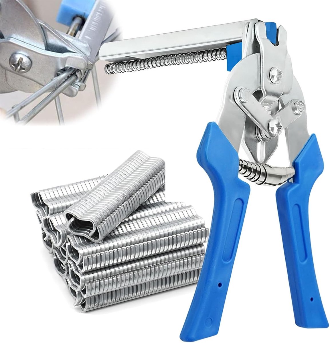 Worstclipper Tang - Blauw - 19 x 15 x 7,8 cm - Roestvrij Staal met 600 Clips - Voor Kooien en Hekken