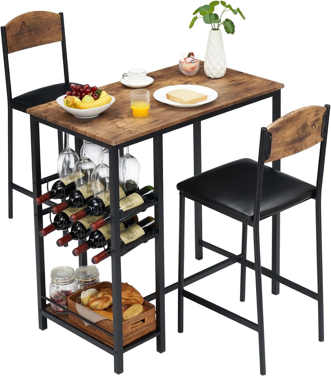 Ruimtebesparende bartafel‑eetset – Vierkante bartafel met opbergplank en wijnrek, voetsteun – 2 beklede stoelen, eenvoudige montage