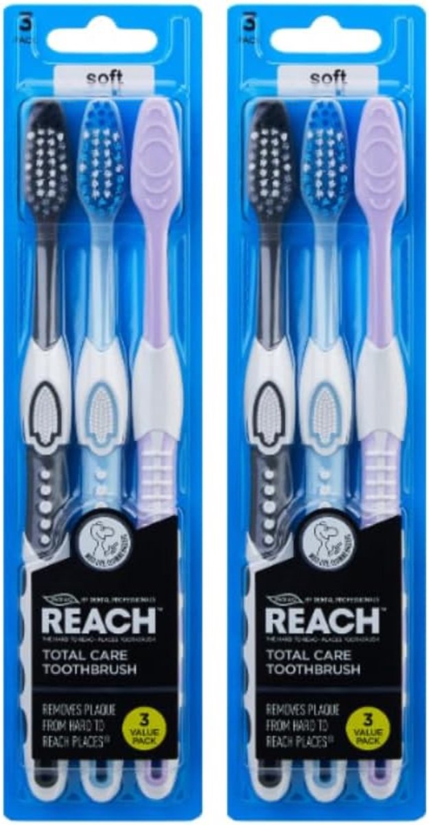 REACH Total Care Soft Toothbrush - 2 x 3 Pieces (6 Brushes) - Compact head with V-trim bristles, tongue cleaner and - ShopVlot